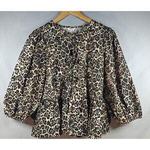 Kaktus Women's‎ Medium Leopard Print Self Tie Peplum Blouse Puff Sleeves